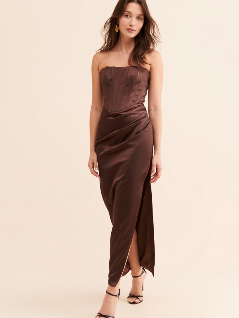 Bardot Everlasting Satin Chocolate Brown Strapless Corset Midi Dress - Picture 10 of 15